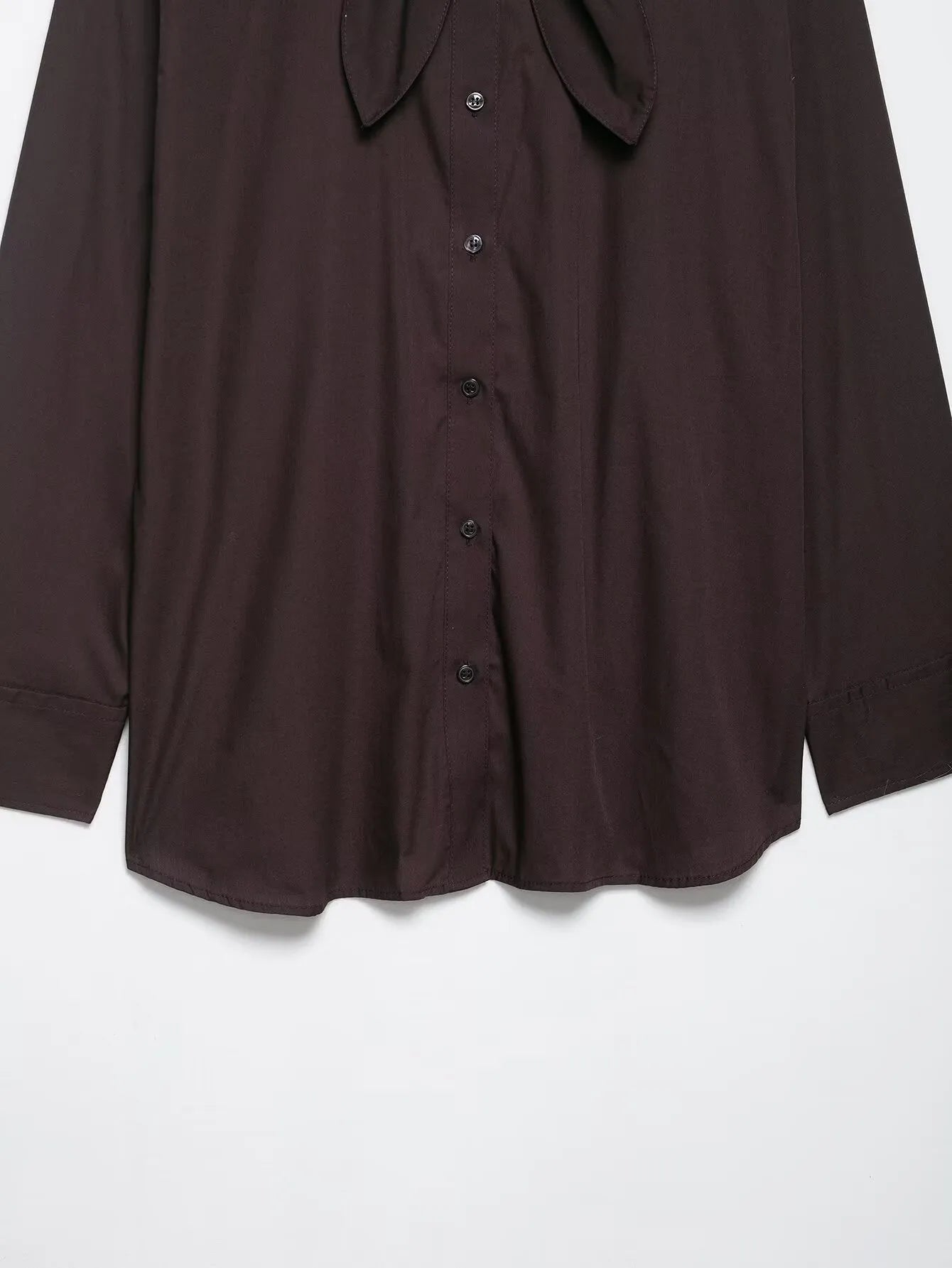Brown women's poplin shirt with long sleeves and bow tie detail