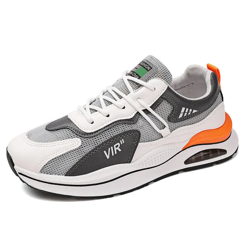 Men's grey and black breathable mesh casual running shoes with a round toe and lightweight EVA sole.
