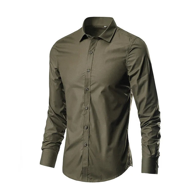 Loose-fit long-sleeve linen shirt shown in a neutral colour.