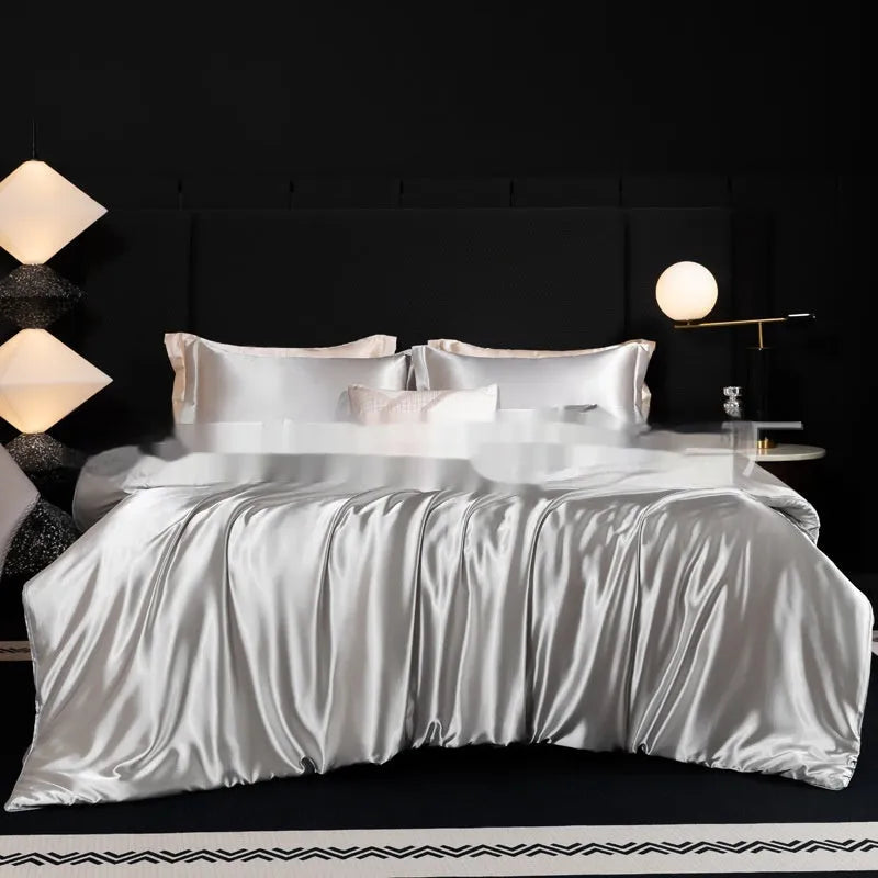 Silk bedding four-piece set in solid colour showing modern simple design with quilt cover and pillowcases