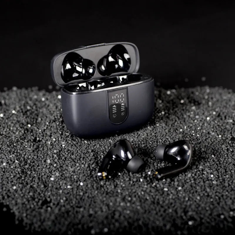 Jerry X08 wireless Bluetooth in-ear headset with digital display and charging case in black colour