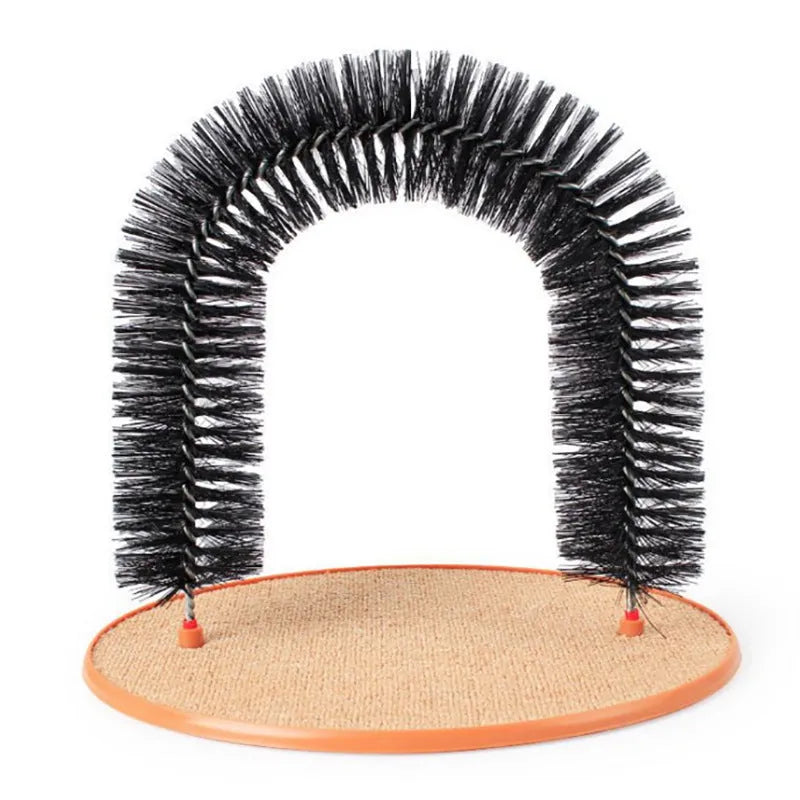 Arched plastic cat grooming toy with built-in brush bristles for scratching and self-grooming