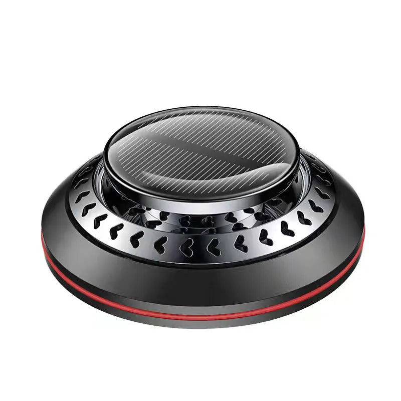 Solar-powered aluminium alloy car air freshener and purifier unit in black, red, or silver.