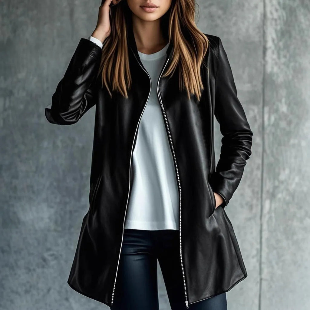 Black women's medium length leather jacket on a hanger