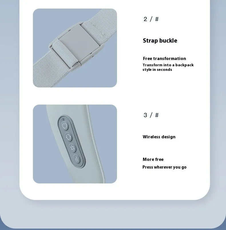 Gray portable USB rechargeable neck and back massager with elastic fabric construction.