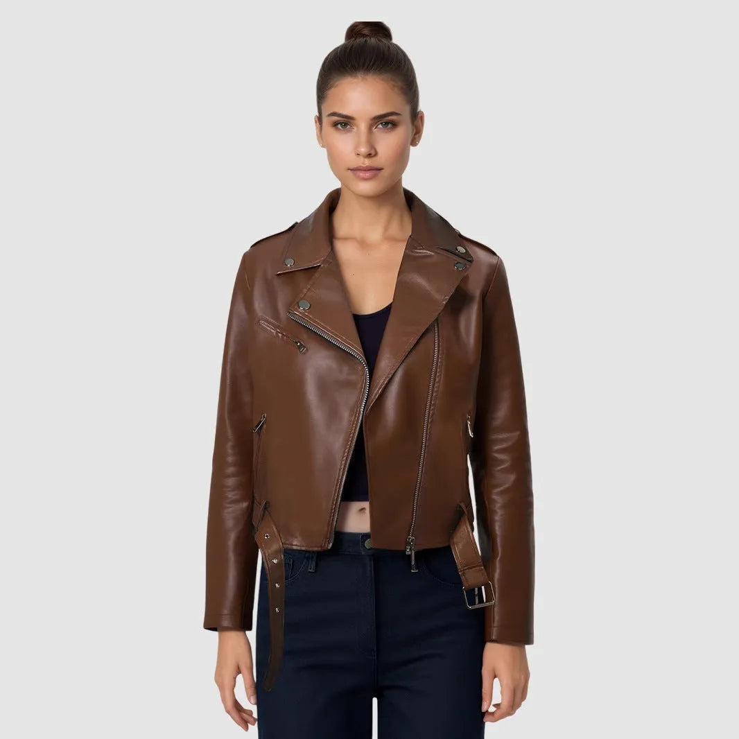 Women's red PU leather motorcycle-style jacket with a lapel collar and waist belt fastened.