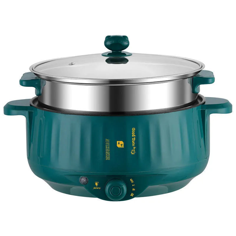 Stainless steel electric hot pot with non-stick interior in green or white finish