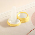 Grey and yellow dual ceramic bowl pet feeder with raised neck protection and non-slip base.