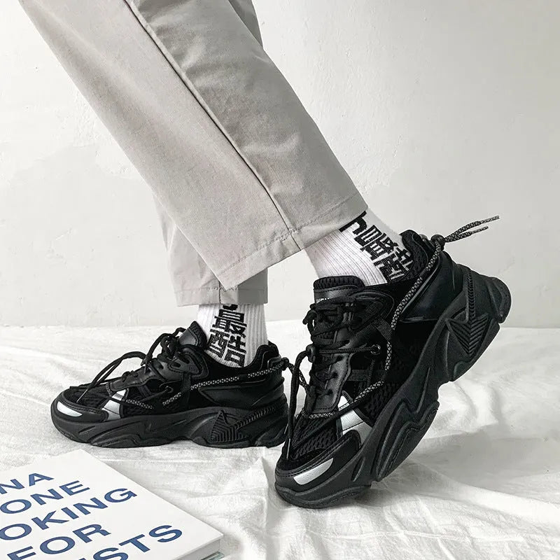 Men's white platform sneakers with lace-up front, shown on a neutral background.