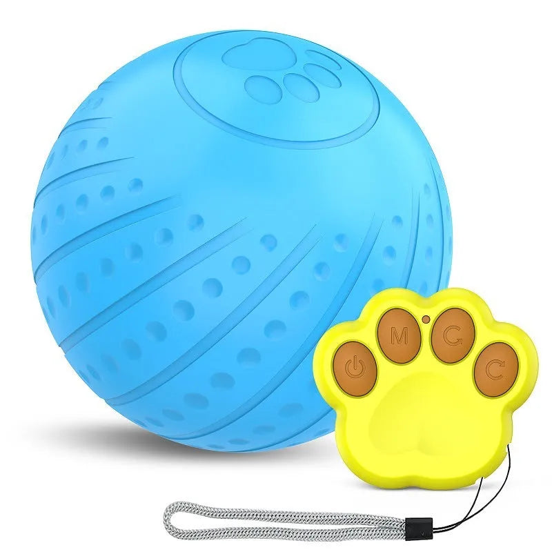 Bite-resistant rubber dog toy ball in blue, green or orange with automatic or remote control version