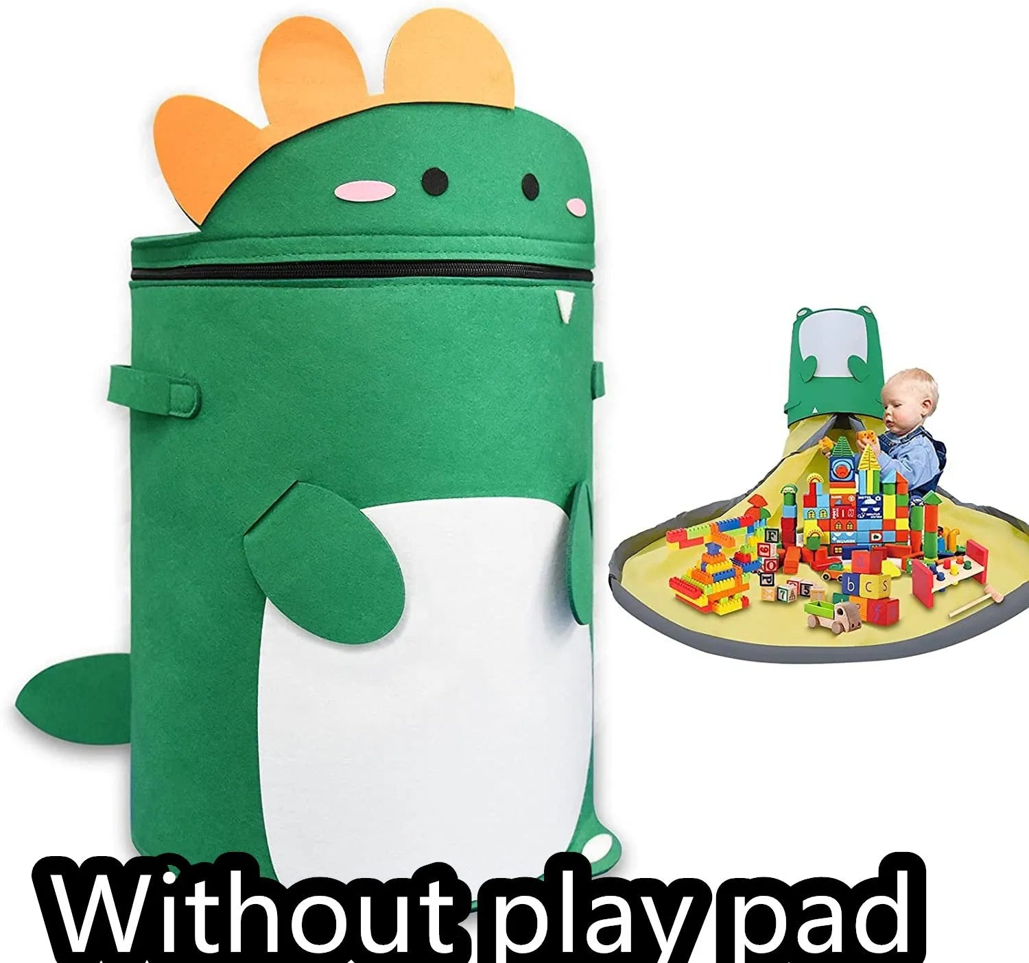 Green felt cube storage bag with pull rope, laid flat as a play mat