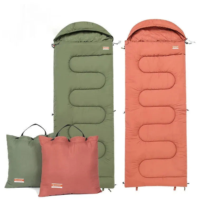 Portable cotton sleeping bag in ochre or olive green colour for camping