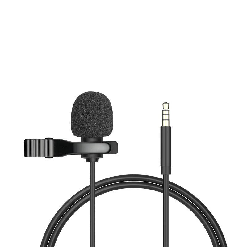Black wired lavalier microphone headset with clip, 3.5mm plug, and 1.5m cable for Apple iPhone.