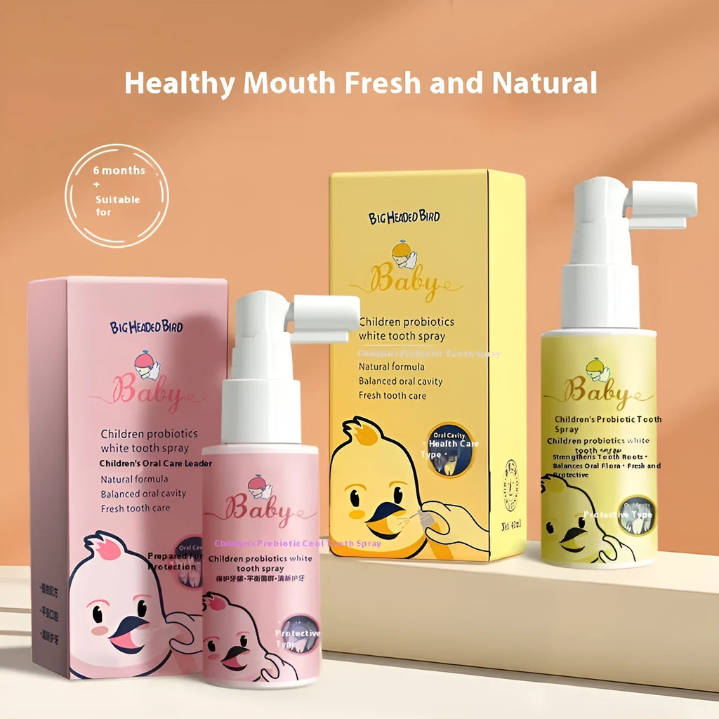 Children's probiotic teeth whitening spray bottle in strawberry and orange flavours