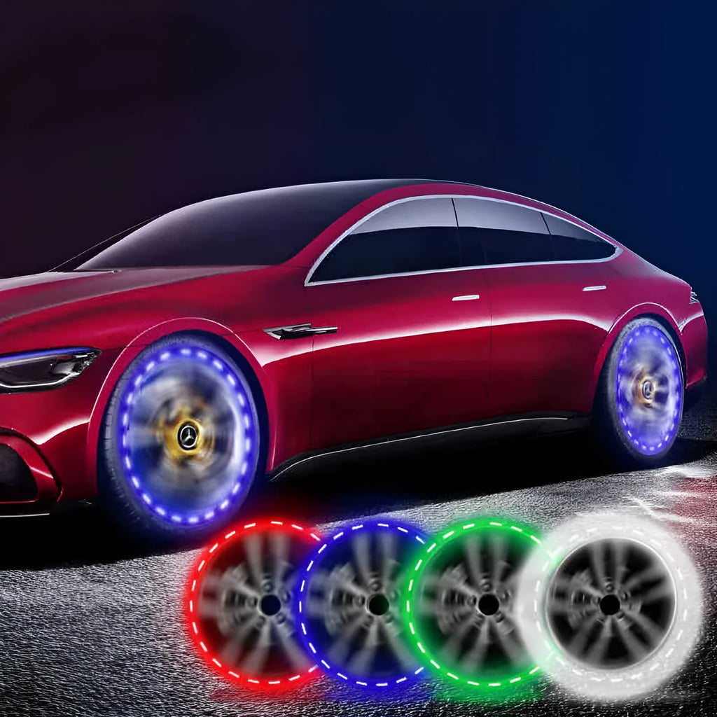 Colourful solar-powered LED valve lights mounted on a vehicle wheel hub, flashing.