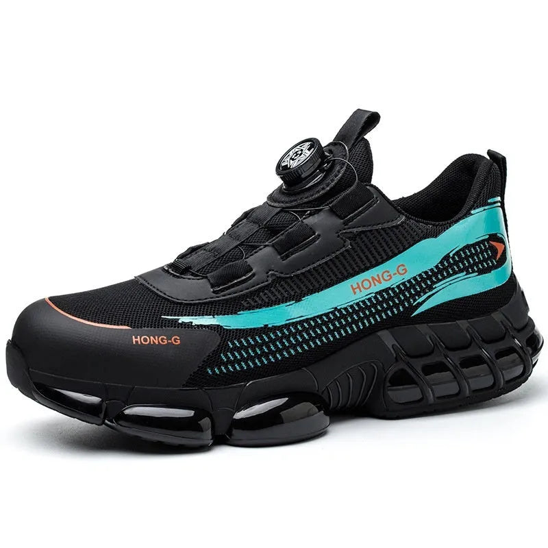 Lightweight black anti-smash work shoes with a breathable Flyweave upper and front lacing