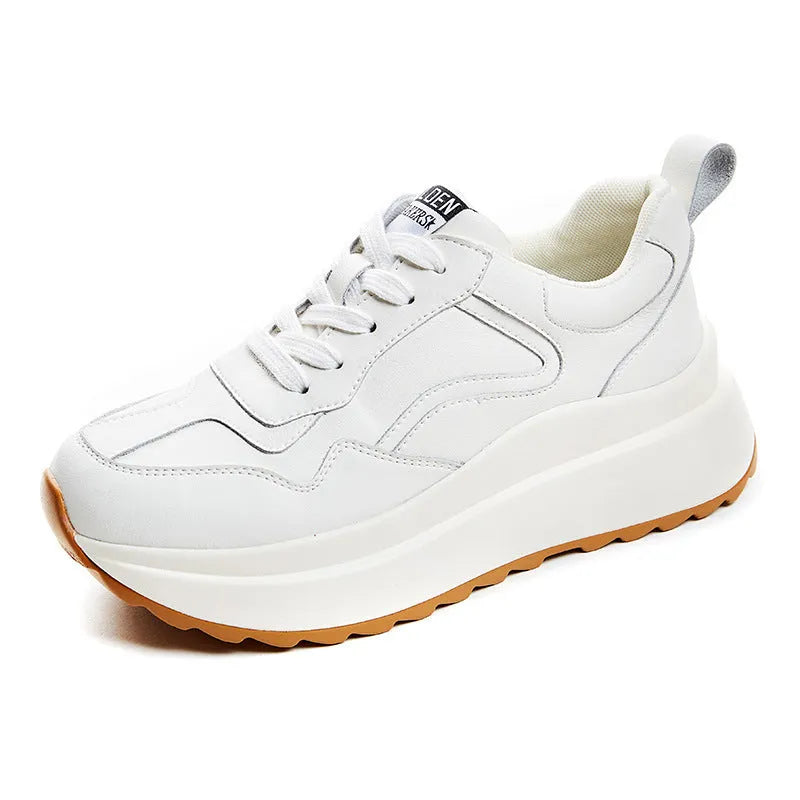 Women's beige cowhide leather casual sports shoes with mesh lining, English muffin heel and cross-strap detailing