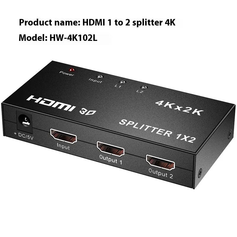 4K HDMI splitter device with one input and two output ports, shown with a USB power cable.