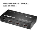 4K HDMI splitter device with one input and two output ports, shown with a USB power cable.