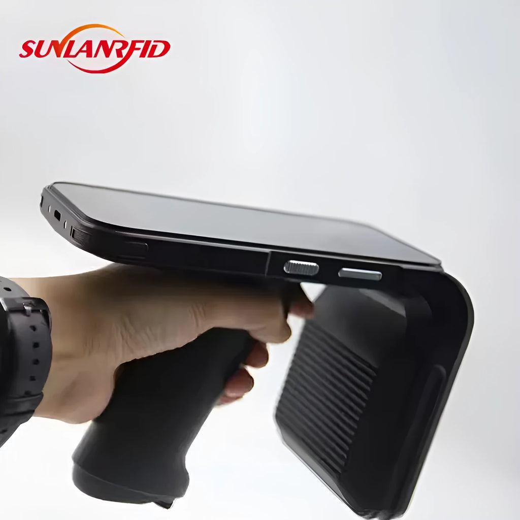 SLP-05 handheld Android UHF RFID reader and scanner unit on a warehouse shelf.