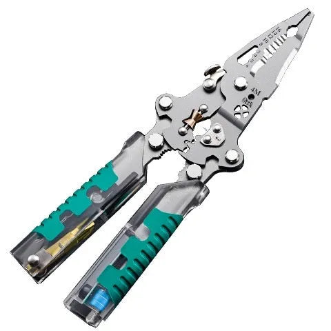Pointed nose electrician's pliers and wire stripper tool with rust-resistant steel blades.