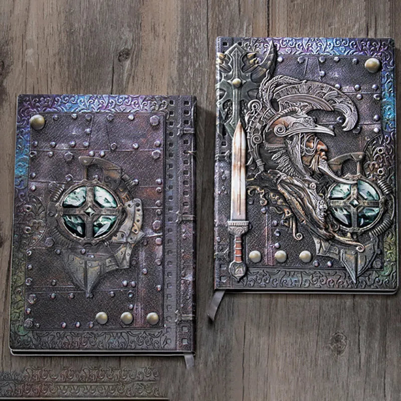 A5 leather notebook with 3D warriors relief embossed design in bronze colour option