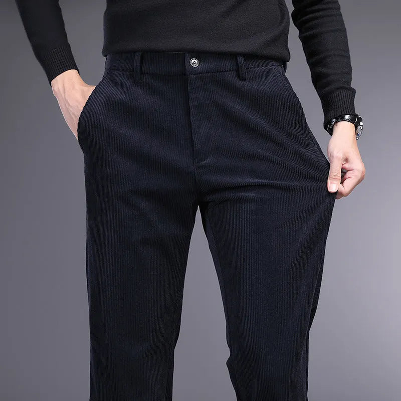British retro straight-leg striped trousers in chemical fibre blend fabric available in multiple colours