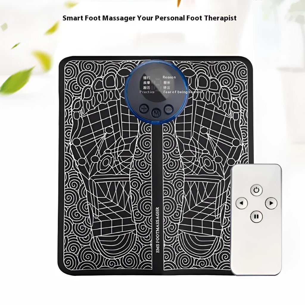 Leather foot massage cushion with wireless remote control showing LCD display