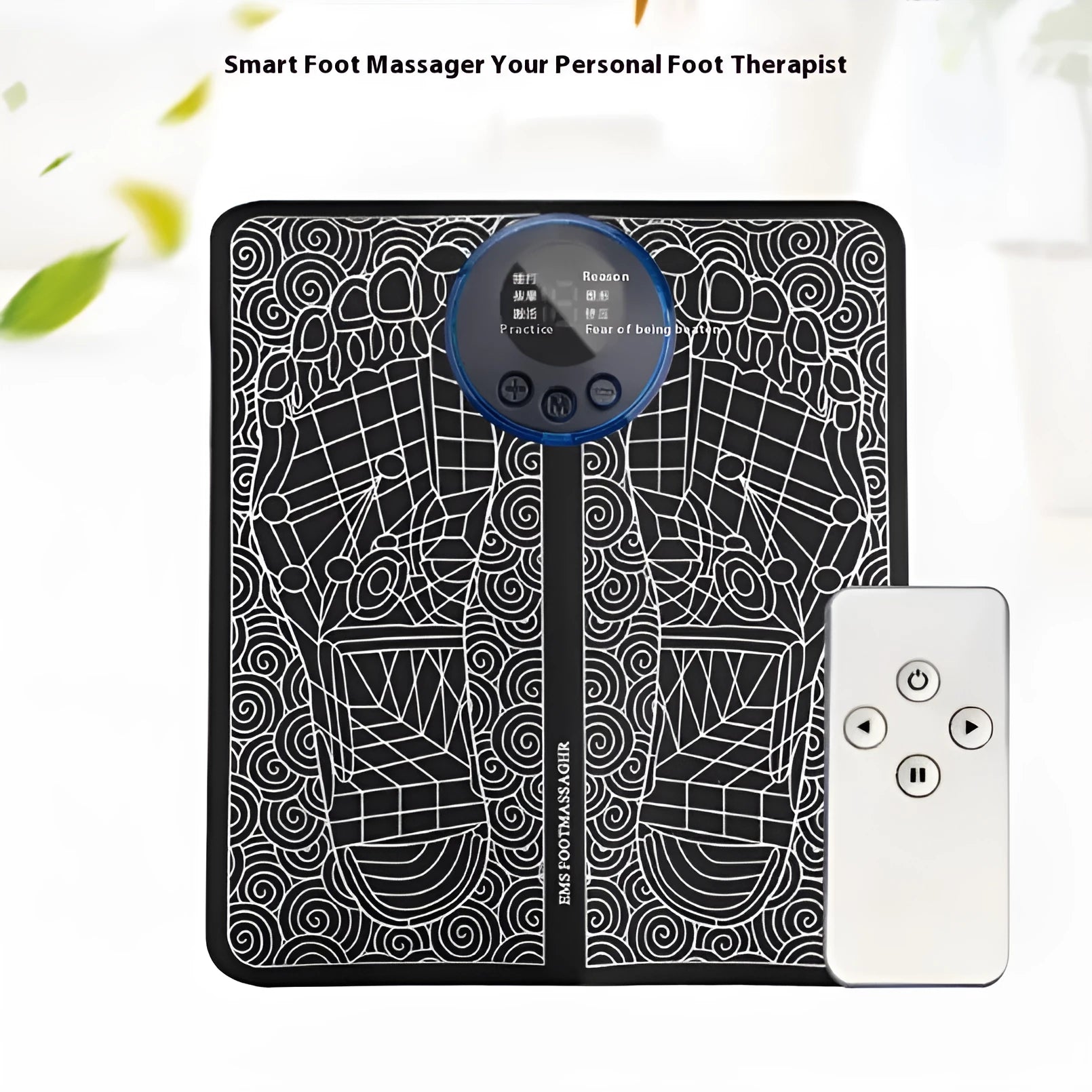 Leather foot massage cushion with wireless remote control showing LCD display