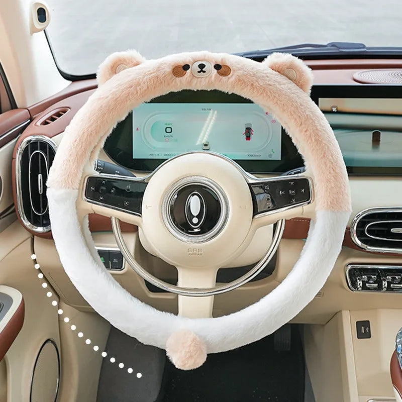 Plush winter steering wheel cover with animal embroidery in 38cm diameter for thermal cold weather driving comfort