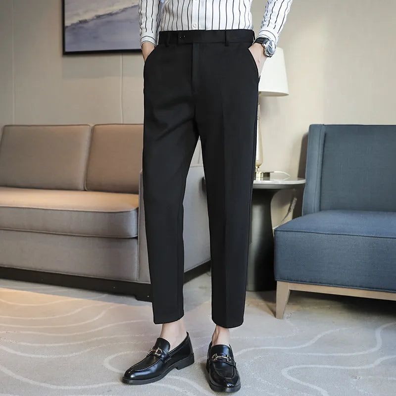 Straight fit brown corduroy trousers with elastic waistband on hanger