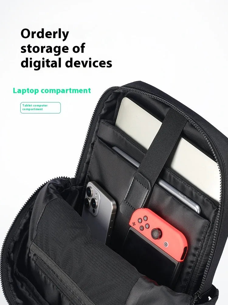Black lightweight Oxford cloth computer backpack showing internal organisational compartments