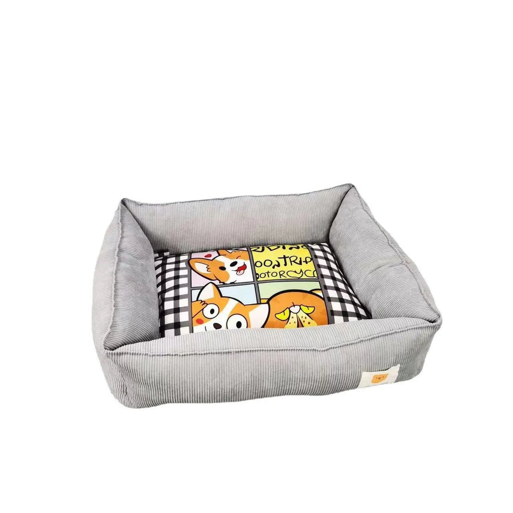 Rectangular cloth pet nest for dogs and cats in a choice of colours, shown in two available sizes.
