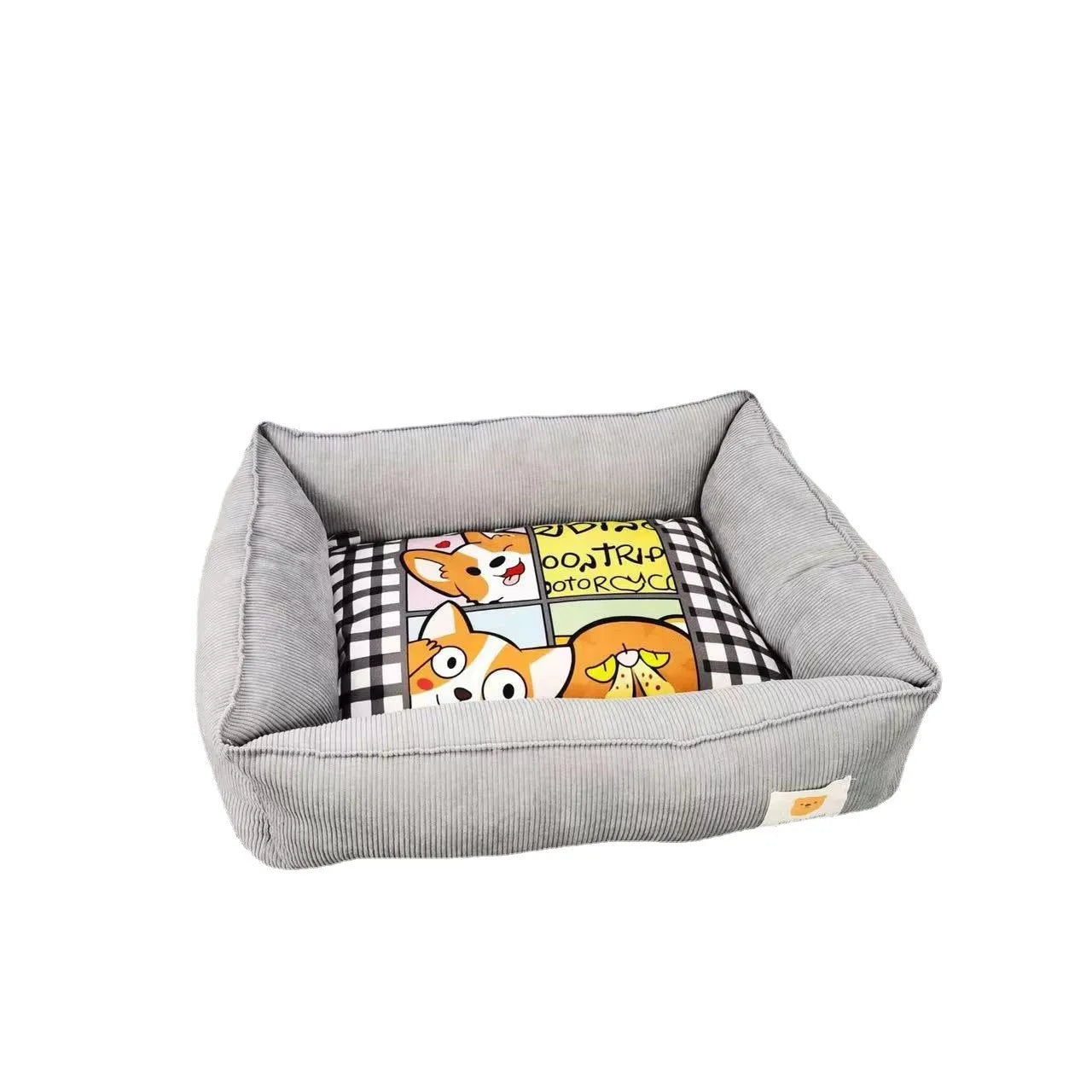 Rectangular cloth pet nest for dogs and cats in a choice of colours, shown in two available sizes.