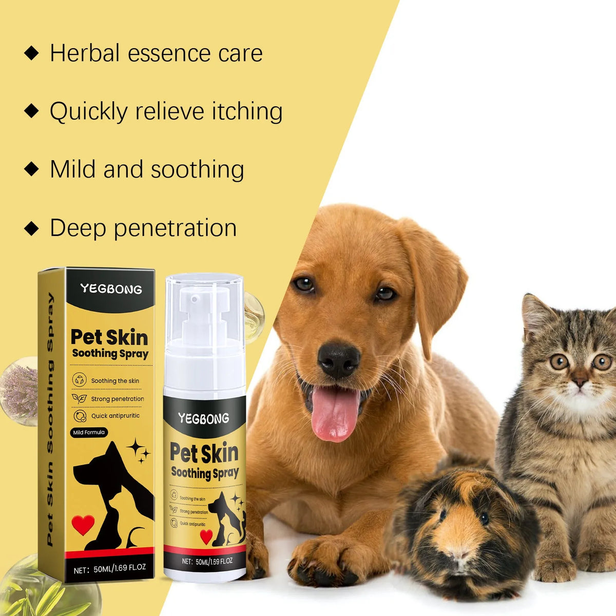 50ml pet skin care spray bottle with tea tree oil, lavender oil, glycerin, and silver ion for dogs and cats