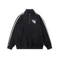 Black stand collar retro sports hoodie with long sleeves in polyester fabric for couple wear
