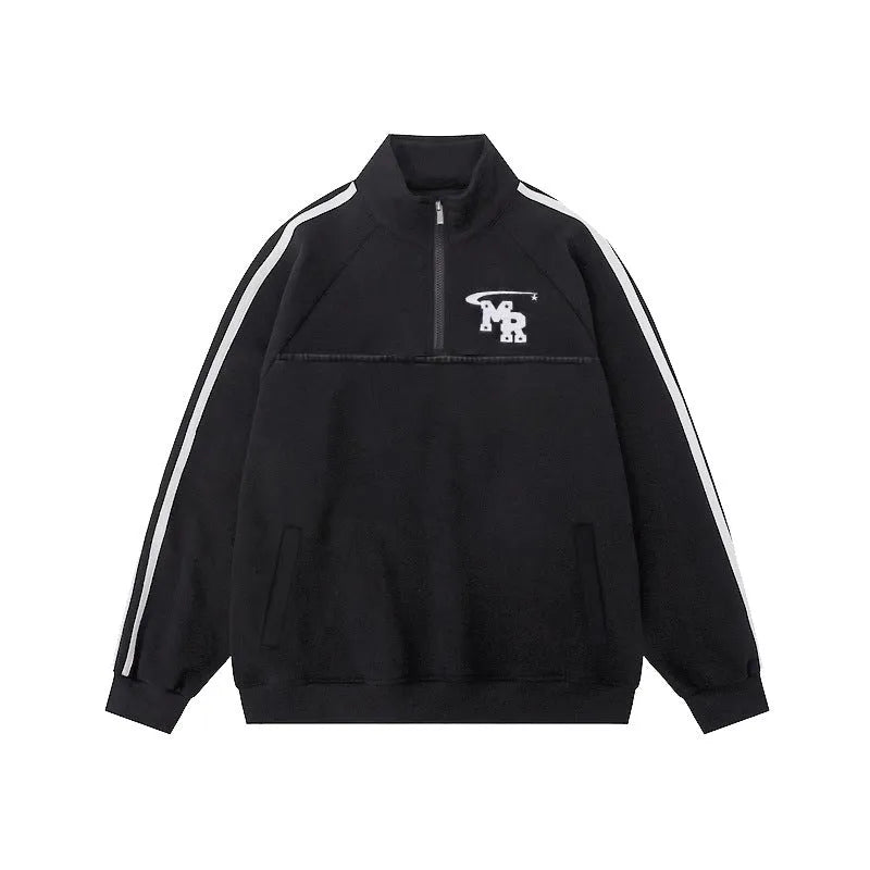 Black stand collar retro sports hoodie with long sleeves in polyester fabric for couple wear