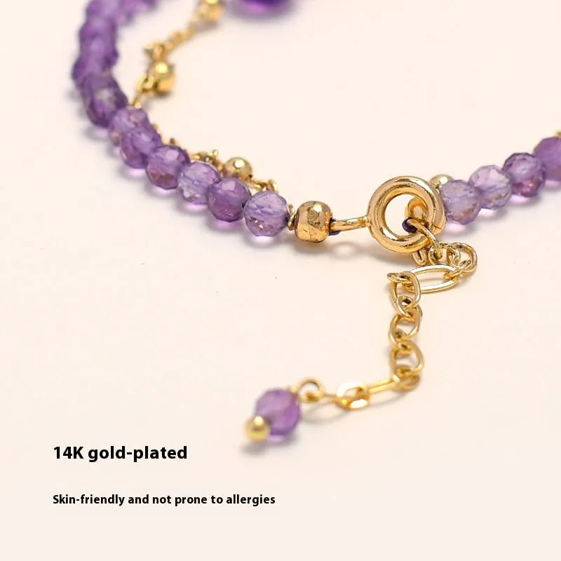 Purple amethyst crystal Chinese style women's bracelet with diamond-shaped centrepiece and electroplated metallic components