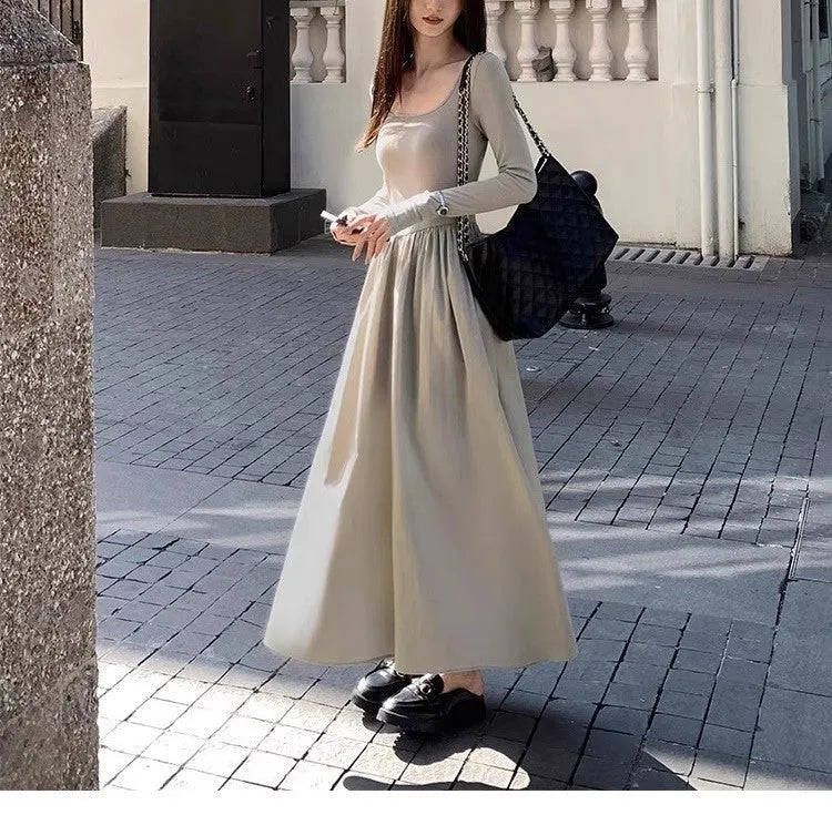 Women's square collar knitted dress with elastic waist and a-line long skirt