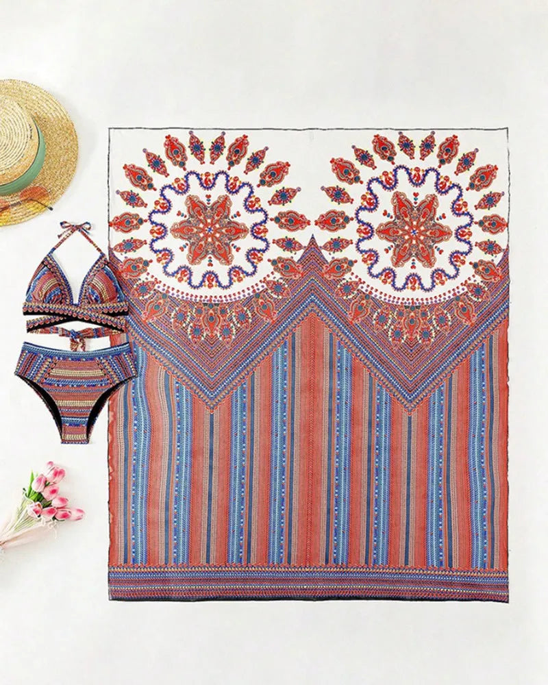 Women's three-piece swimsuit set showing high-waist briefs, a sleeveless cutout blouse, and a coat in picture colour.