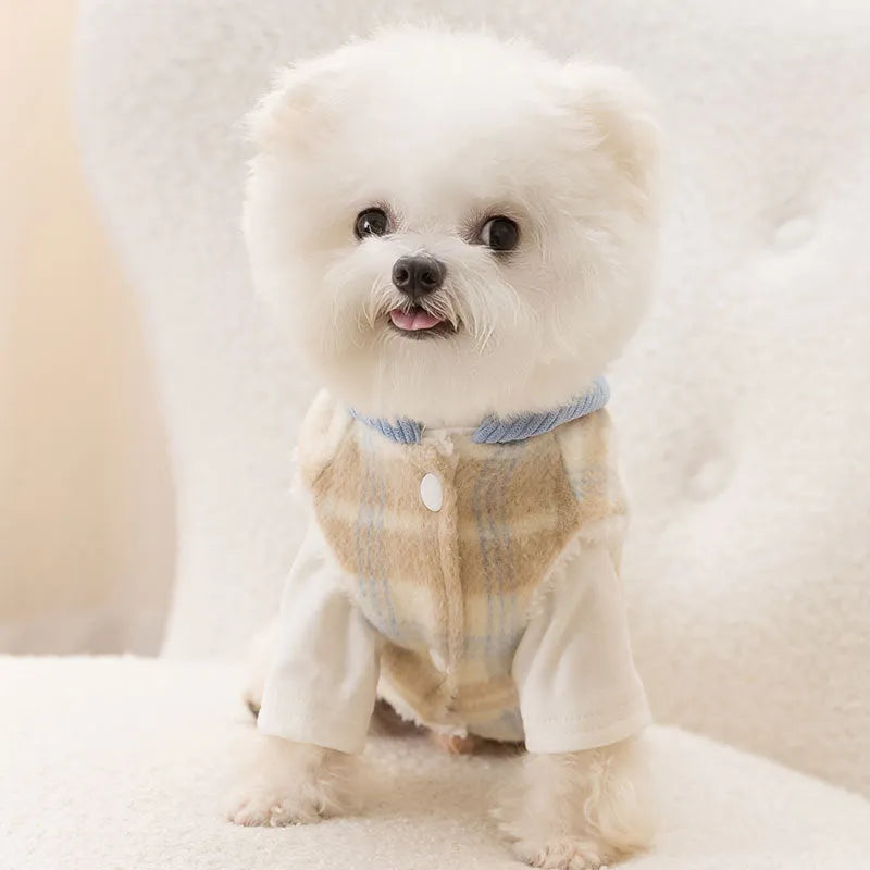 Blue corduroy pet hoodie with chessboard grid pattern and hood for dog autumn winter clothing