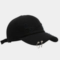 Men's adjustable black cotton denim baseball cap with a dome crown, shown on a grey background.