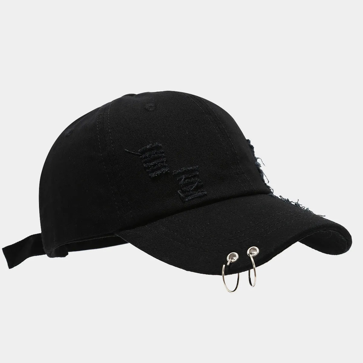 Men's adjustable black cotton denim baseball cap with a dome crown, shown on a grey background.