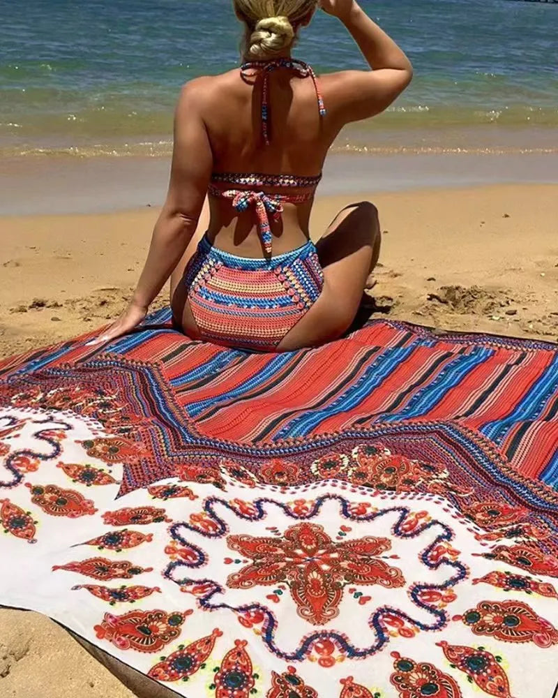 Women's three-piece swimsuit set showing high-waist briefs, a sleeveless cutout blouse, and a coat in picture colour.