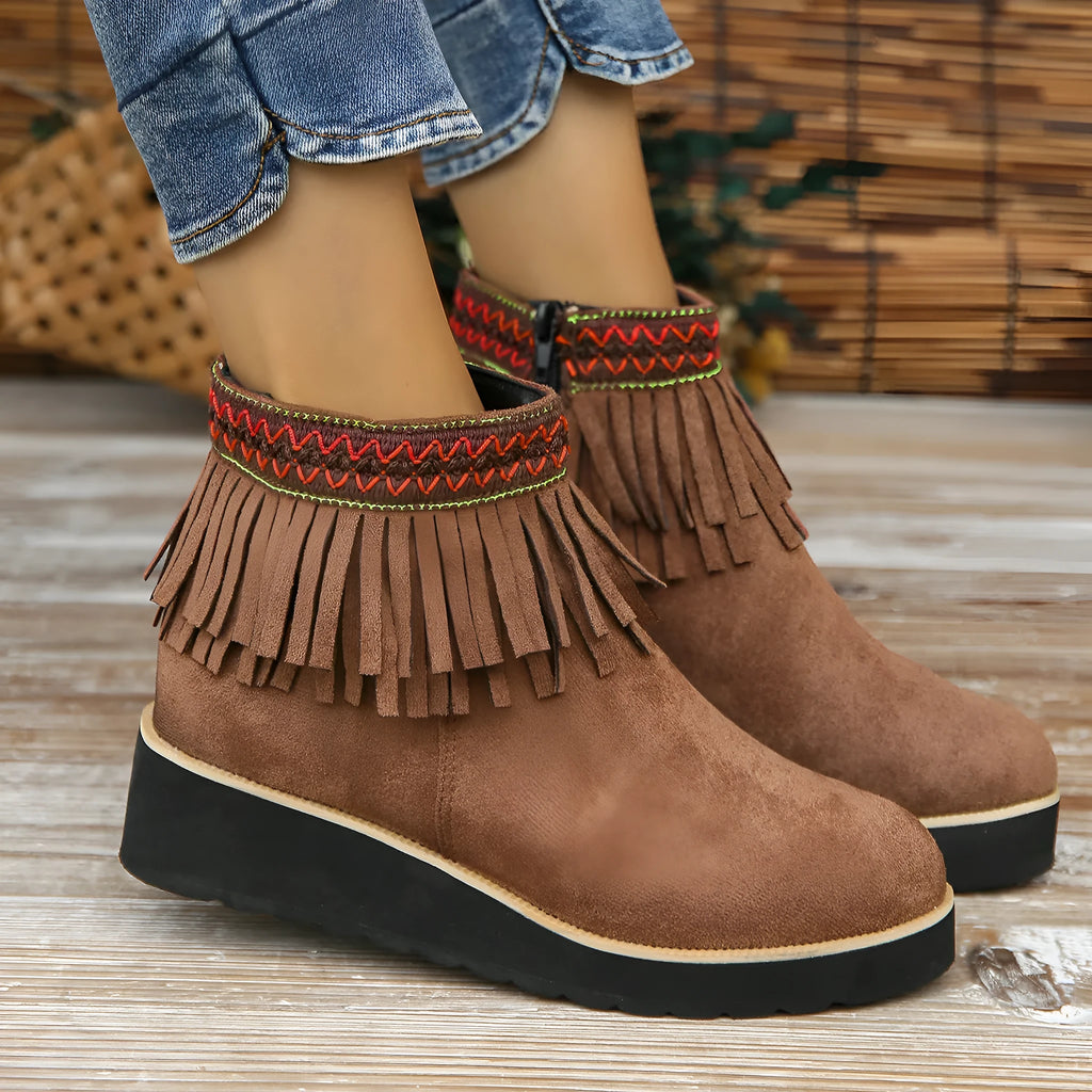 Women's suede wedge ankle booties with side zipper and thick rubber sole in black colour