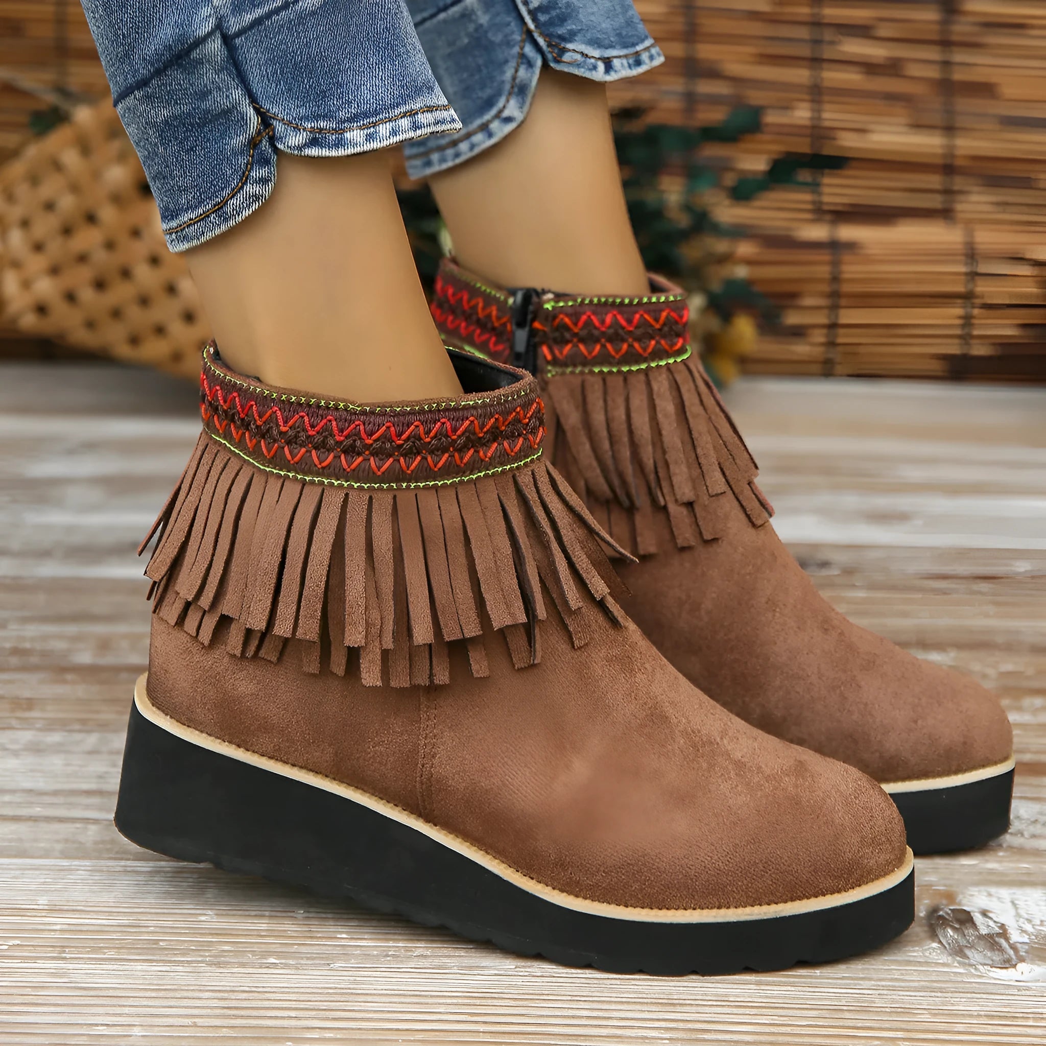 Women's suede wedge ankle booties with side zipper and thick rubber sole in black colour