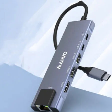 Steam Deck six-port docking station with aluminium casing and 15cm USB-C cable showing HDMI, Ethernet and USB ports