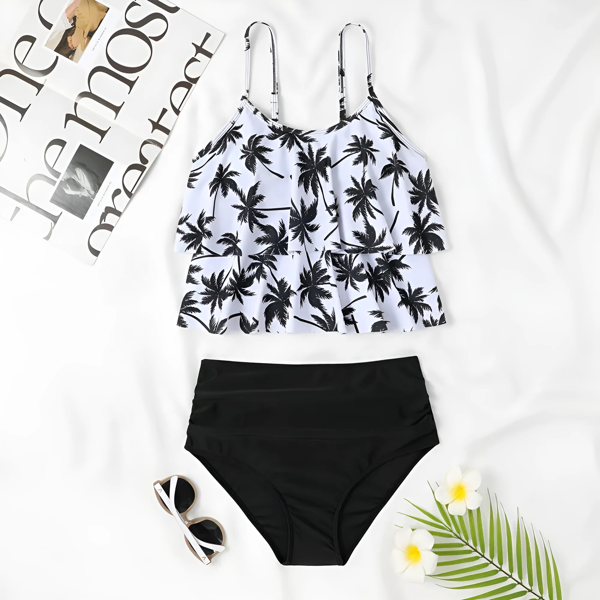Women's high waist double-layer swimsuit in polyester fabric with coconut tree print or solid black options