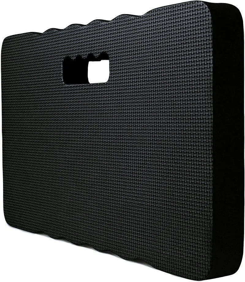 Blue Eva foam garden kneeler pad with handles and side pockets on grass.