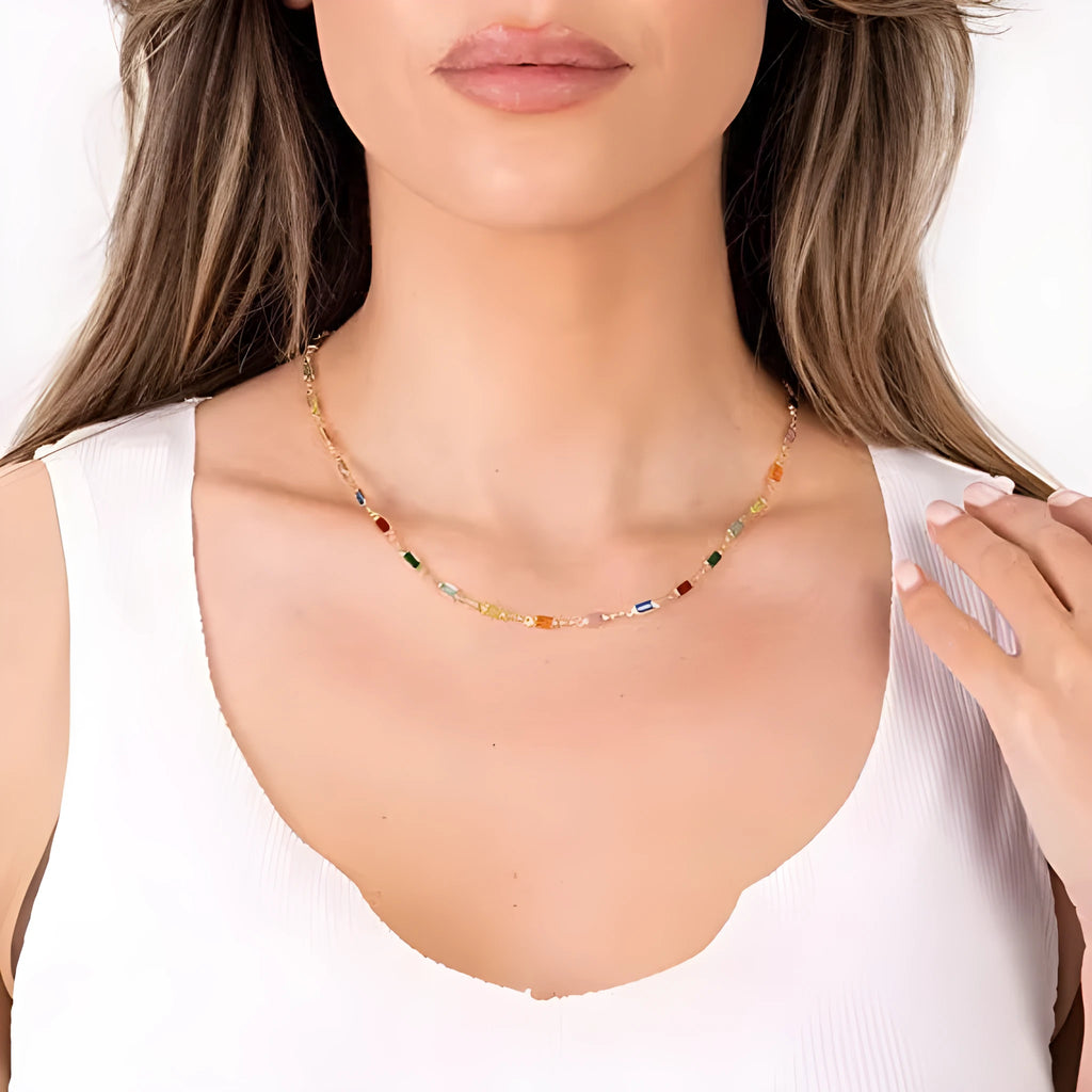Ladies geometric crystal necklace with glass pendant on adjustable alloy chain